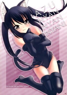 1girls alluring artist_request azusa_nakano_(k-on!) black_hair brown_eyes cat_ears cat_girl cat_tail catgirl female k-on! kneeling neko nekomimi tagme twintails