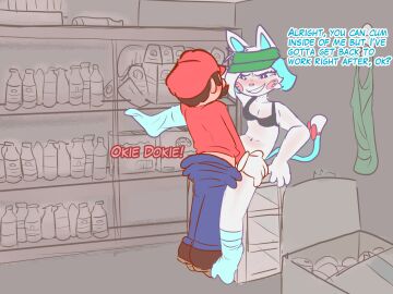 1boy 1girls 2d 2d_(artwork) 4:3 against_wall anthro anthro_on_human apron background barista blue_hair blue_socks blush bow bra breasts brown cartoony cat_ears cat_humanoid cat_tail clothing color commission eye_contact feet feline female fur furry gloves grabbing hair happy hat human karen_(smg4) karen_katphish leg_up male mario mario_(series) medium_breasts messy_hair nintendo no_panties no_pants no_shirt overalls pink_nose potato_dealer pussy sex short_hair sitting smg4 smg4_art smile socks squint standing storage_room talking text vaginal_penetration white_fur white_hair