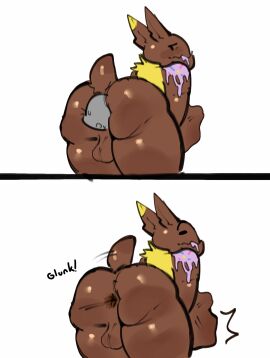 anal anal_vore anthro anus ass balls belly belly_bulge bent_over blush bottomless bun_bun_(fortnite) chocolate clothed clothing duo ear fortnite genitals humanoid irougaki jacket lagomorph leporid male male_only mammal muscular on_back rabbit smile thick_thighs vore white_background