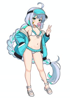 absurdres ahoge bandaid bandaid_on_cheek bandaid_on_face bare_shoulders bikini blue_jacket breasts epinel_(nikke) female frilled_bikini frills hand_in_pocket highres jacket long_braid long_hair looking_at_viewer non-web_source open_clothes open_jacket small_breasts swimsuit very_long_hair