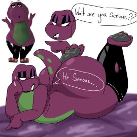 ass barney_and_friends barney_the_dinosaur big_ass big_butt black_lipstick confused_expression dark_skin eyeshadow fat_ass feet_in_air femboy goth green_spots hand_on_face japansadface knees_bent laying_on_back leggings male neck_collar pink_skin pointing scalie shiny_skin sweatdrop tail talking_to_viewer text thick_ass thick_thighs toony uncertain
