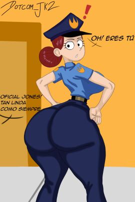 accurate_art_style ass big_breasts big_thighs breasts dotcom_jk2 female fhfif_cop foster's_home_for_imaginary_friends huge_ass looking_back officer_jones police_hat police_uniform spanish_text wide_hips