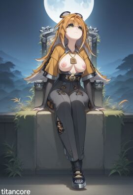 (titancore) ai_generated breasts_out full_moon ju_fufu night night_sky sitting small_breasts throne tiger_ears tiger_girl tiger_stripes video_game_character zenless zenless_zone_zero