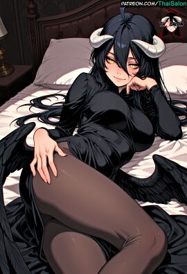 1girls ai_assisted ai_generated albedo_(overlord) ass bangs bare_legs barefoot bed big_breasts black_hair black_toenails black_wings breasts breats chromatic_abberation clothed clothing demon_girl demon_horns feathered_wings feet female female_only foot_fetish foot_focus hires horns large_breasts long_hair looking_at_viewer lying monster_girl on_back on_bed overlord_(maruyama) patreon patreon_username pillow sexually_suggestive slit_pupils smile soles solo stable_diffusion tagme thai_salon thaisalon thick_thighs thighhighs thighs toenail_polish toenails toes watermark wings wrinkled_feet wrinkled_soles yellow_eyes