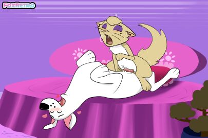 bed canid canine canis delilah_(krypto_the_superdog) domestic_cat domestic_dog eyeshadow felid feline felis female feral feral_on_feral foxretro furniture krypto krypto_the_superdog makeup male male/female mammal tagme