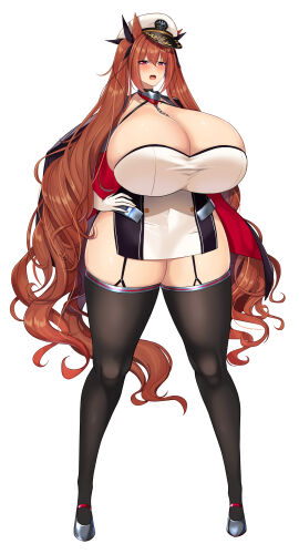 1girls azur_lane blush breasts brown_hair cleavage cosplay daien_(daien418) daiwa_scarlet_(umamusume) dress female female_only gloves hand_on_hip high_heels honolulu_(azur_lane) horse_ears horse_girl horse_tail huge_breasts long_hair massive_breasts military_hat red_eyes solo thick_thighs thighhighs twintails umamusume umamusume_pretty_derby white_gloves