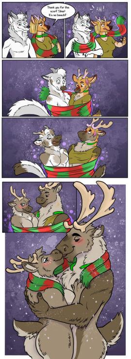 anthro antlers ass big_breasts big_butt blonde_hair breasts brown_body brown_fur bubbeh canid clothing deer dragon dragon_horn duo female ftm_transformation fur gender_transformation green_scarf hair hi_res horn kissing male male/female mammal mtf_transformation mythological_creature mythological_scalie mythology neck_tuft new_world_deer red_scarf reindeer scalie scarf scut_tail short_tail small_tail snow tail torn_clothing transformation transformation_through_magic tuft white_body white_fur white_hair