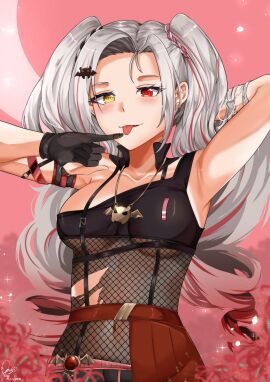 arm_behind_head arms_up belly_button breasts clothed female female_only fishnet_clothing flowers gloves grey_hair heterochromia kensou!! liliana_vampaia midriff necklace red_eyes ripped_clothing skirt solo solo_female tongue tongue_out twin_drills virtual_youtuber vogi_(vtuber_company) yellow_eyes zerosketchbook