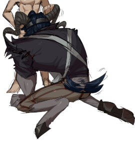 bara blowjob fellatio flanco gay goatman hooves horns identity_v jeffrey_bonavita male male/male male_only panchyandmaggi small_dom_big_sub small_top_big_bottom tail yaoi