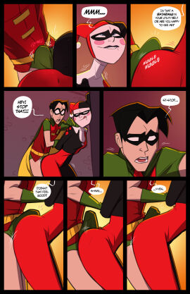 1boy 1girls age_difference ass assertive assertive_female assjob batman_(series) biting_lip biting_own_lip blue_eyes bodysuit boner boner_in_pants bulge buttjob comic covered_assjob covered_buttjob dc dc_comics dialogue domino_mask english_text erection_under_clothes erection_under_clothing female femdom grinding harley_quinn harley_quinn_(classic) horny horny_female humping jason_todd jester_hat joke male male/female mask older_female older_female_and_younger_male over_clothes robin_(dc) robin_(jason_todd) speech_bubble stickymon straight tease teasing text tight_clothing villainess younger_male