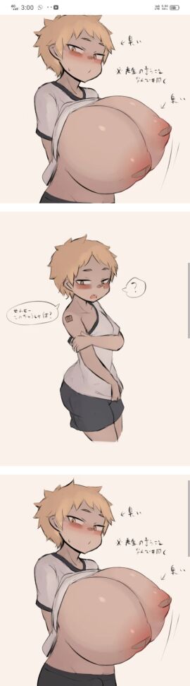 1boy bandage blonde_hair blush blushing blushing_at_viewer breasts breasts_bigger_than_head bulge busty_male cute gym huge_breasts looking_at_viewer male male_only male_with_breasts pittori plaster simple_background solo solo_male