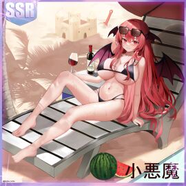 absurdres alcohol bare_arms bare_legs bare_shoulders barefoot bikini black_bikini bottle breasts character_name cup demon demon_wings dobostorte drinking_glass female food fruit head_wings highres huge_breasts koakuma large_breasts long_hair navel parasol red_eyes red_hair red_wings solo succubus swimsuit touhou umbrella watermelon wine wine_bottle wine_glass wings