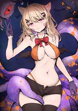 1girls animal_ears bangs bare_shoulders bikini black_gloves black_legwear black_panties black_shorts blonde_hair blush bow bowtie breasts cape cat_ears cat_girl cat_tail catgirl cleavage closed_mouth cowboy_shot earrings eyebrows_visible_through_hair face_markings female gloves hair_ornament hairclip halloween highleg highleg_bikini highleg_panties large_breasts long_hair looking_at_viewer medium_breasts navel open_fly orange_bikini orange_neckwear panties red_eyes sakiya short_shorts shorts skindentation smile solo squchan_(vtuber) stomach striped swimsuit tail tentacle tentacles thighhighs underboob underwear virtual_youtuber vyugen