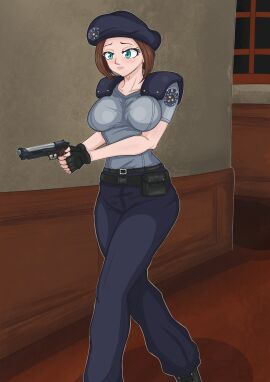 andyl1yart beret big_breasts blue_eyes breasts brown_hair female jill_valentine resident_evil walking