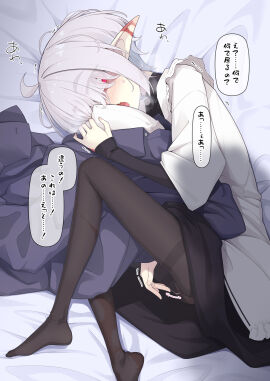abelia_(ogami_kazuki) ahoge bed_sheet black_pantyhose black_shirt black_skirt blush burn_scar eyes_visible_through_hair facing_viewer female frilled_jacket frills grey_hair hair_over_eyes heart highres jacket layered_sleeves long_sleeves looking_at_viewer lying masturbation no_shoes oerba_yun_fang ogami_kazuki on_side open_mouth original pantyhose pointy_ears pussy pussy_juice pussy_juice_trail red_eyes scar shirt short_over_long_sleeves short_sleeves skirt sleeves_past_wrists smelling smelling_clothes solo thick_eyebrows thighband_pantyhose translation_request white_jacket