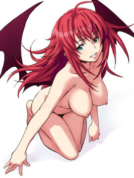 ahoge antenna_hair bat_wings breasts commentary_request completely_nude demon_girl demon_wings female green_eyes high_school_dxd huge_ahoge kneeling large_breasts long_hair minato_fumi nipples nude red_hair rias_gremory simple_background solo wings