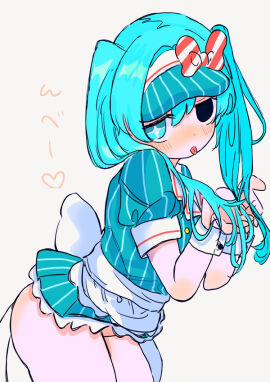 1girls arms_up ass big_bow blue_eyes blue_hair blue_hat blue_outfit blush blush_lines bottomless bow bow_ribbon bow_tie bowtie female female_focus female_only hat hatsune_miku heart long_hair looking_at_viewer mesmerizer_(vocaloid) mesmerizer_miku multicolored_eyes mv_character no_panties red_and_white_bow semi_nude side_view solo solo_female solo_focus thighs tongue tongue_out twintails vocaloid wristwear