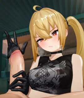 1boy 1boy1girl 1girls 3d :/ ahoge black_choker black_shirt blonde blonde_female blonde_hair blonde_hair_female blush breasts choker clothed clothed_female commentary dick eclairstones english_commentary female gloved_handjob gloves handjob highres indoors large_breasts luciana_de_montefio male medium_breasts penis penis_in_glove red_eyes red_eyes_female shirt sleeveless sleeveless_shirt steaming_body sweat twitter_username uncensored upper_body zenless_zone_zero