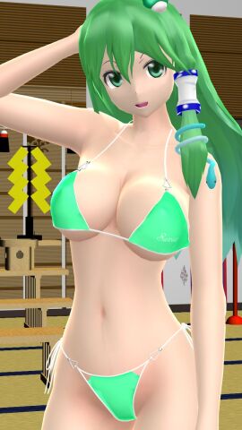 1girls 2023 3d adult_female belly_button bikini breasts clavicle cleavage female frog_hair_ornament green-haired_female green_bikini green_eyes hati_yukkuri_mmd hips indoors interior_background light-skinned_female light_skin long-haired_female looking_at_viewer mmd one_arm_up open_mouth sanae_kochiya shrine shrine_maiden snake_hair_ornament solo_female solo_focus swimsuit touhou waist