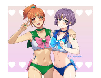 2d 2d_(artwork) 2girls :d alternate_costume alternate_hairstyle artist_name ass_visible_through_thighs bernadetta_von_varley big_breasts bishoujo_senshi_sailor_moon blue_nails blush bow breasts choker cleavage clothed clothed_female clothing cosplay crop_top cute cute_expression cute_face eyebrows_visible_through_hair female female_focus female_only fire_emblem fire_emblem:_three_houses fit fit_female green_nails grin grinning grinning_at_viewer hand_on_hip hand_on_shoulder happy happy_female heart jpeg leonie_pinelli light-skinned_female light_skin looking_at_viewer midriff multiple_females multiple_girls nail_polish navel nintendo no_nude no_sex open_mouth orange_eyes orange_hair painted_fingernails painted_nails pale-skinned_female pale_skin panties pearl_(gem) ponytail post-timeskip purple_hair rein_creamsoda revealing_clothes sailor_collar sailor_jupiter_(cosplay) sailor_mercury_(cosplay) sailor_senshi_uniform sailor_uniform short_hair skin_tone_difference slim_waist smile smiling smiling_at_viewer thick thick_thighs tiara tomboy v watermark wholesome