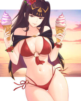1girls absurdres alternate_costume bikini black_cape bougainvillea_(flower) bracelet breasts cape cleavage female female_only fire_emblem fire_emblem_awakening fire_emblem_heroes flower flower_bracelet food highres ice_cream jewelry large_breasts looking_at_viewer nintendo o-ring o-ring_bikini ocean official_alternate_costume outdoors pink_flower red_bikini red_flower red_petals red_swimsuit sideboob smile solo sunset swimsuit tharja_(fire_emblem) tiara truejekart two-tone_cape underboob