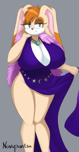 2025 absurd_res accessory anthro artist_name bedroom_eyes big_breasts blue_clothing blue_dress breasts brown_eyes brown_nose cleavage clothed clothing clothing_pull digital_media_(artwork) dress dress_pull eyelashes female floppy_ears front_view fur grey_background hair hi_res huge_breasts hyper hyper_breasts jewelry lagomorph leporid long_eyelashes looking_at_viewer lop_ears mammal milf multicolored_body multicolored_fur narrowed_eyes necklace novapantsu orange_hair rabbit seductive sega simple_background smile smiling_at_viewer solo sonic_(series) sonic_the_hedgehog_(series) standing tan_body tan_fur teasing teasing_viewer text thick_thighs tongue tongue_out two-tone_body two-tone_fur vanilla_the_rabbit white_body white_fur