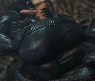 1boy 1girls alien alien_(franchise) alien_girl alien_humanoid big_ass big_breasts breasts female female_xenomorph huge_ass male penis penis_in_mouth sharp_teeth tail vensaku xenomorph