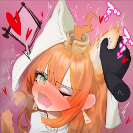 2025 ahe_gao animal_ears annoyed arknights blush cat_ears cat_girl catgirl earrings female fluffy fluffy_ears ginger ginger_hair green_eyes heart heavy_blush hi_res kemonomimi matatamae one_eye_closed open_mouth papyrus_(arknights) simple_background