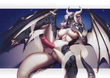 altynshine_dragons animal_genitalia animal_penis anthro armor aura_(aurasentinel) balls bedroom_eyes big_penis blue_eyes bracers breasts claws dragon erection felid finger_claws genderfluid genitals gold_(metal) gold_jewelry gynomorph hair horn hybrid intersex jewelry kouseykai looking_at_viewer mammal membrane_(anatomy) membranous_wings muscular muscular_gynomorph muscular_intersex mythological_creature mythological_scalie mythology narrowed_eyes nipple_piercing nipples nonbinary_(lore) nude pantherine penis piercing reclining_pose ribbons scales scalie seductive simple_background smile smiling_at_viewer smirk smirking_at_viewer snow_leopard solo spots tail toe_claws translucent wings