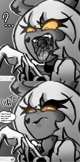 ambiguous_gender blush bodily_fluids breasts candy clothed clothing death demon demon_humanoid dessert dialogue digital_media_(artwork) duo eaten_alive english_text eviltqf extreme_size_difference fatal_vore female female_pred food footwear fully_inside gum hair heart_symbol hearts_around_head hellaverse helluva_boss hi_res high_heels horn horned_humanoid humanoid humanoid_focus imminent_digestion inside_stomach larger_pred lipstick makeup mammal markings mawplay mawshot micro micro_prey motion_lines mythological_creature mythology navel neck_bulge open_mouth oral_vore rumbling_stomach saliva saliva_on_tongue saliva_string size_difference smaller_pred squirming star_(marking) story struggling struggling_prey succubus swallowing teeth text thought_bubble tongue tongue_out unwilling_prey verosika_mayday verosika_mayday_(helluva_boss) vore white_hair