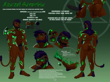4:3 absurd_res anthro ass azazel_superbia balls black_sclera brown_body brown_fur colored demon digital_drawing_(artwork) digital_media_(artwork) english_text erection felid feline fur genitals green_eyes hair hi_res kay(azazel) kay_powers lion male male_only mammal model_sheet mythological_creature mythology nude pantherine penis reference_to_character signature simple_background smile solo tail tattoed text tongue