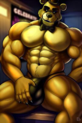 2024 5_fingers abs anthro bara bear bedroom_eyes biceps big_bulge black_clothing black_underwear bow_tie bulge cafeaubandage claws clothed clothing detailed_background detailed_bulge digital_drawing_(artwork) digital_media_(artwork) finger_claws fingers five_nights_at_freddy's fur genital_outline golden_freddy_(fnaf) hat headgear headwear inside looking_at_viewer male male_only mammal muscular muscular_anthro muscular_male muscular_thighs narrowed_eyes navel pecs penis penis_outline scottgames seductive sitting smile solo top_hat underwear underwear_only yaoi yellow_body yellow_eyes yellow_fur