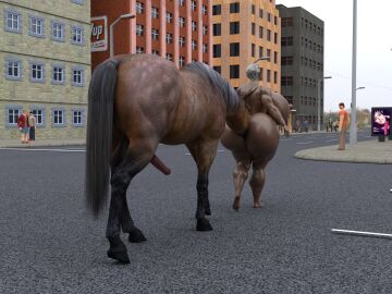 3d ass barefoot big_ass big_breasts big_butt bimbo breasts city dark-skinned_female dark_skin daz_studio dzcelestial3d eating_ass exhibitionism face_in_ass feet female female_only horse horsecock human male penis public public_nudity short_hair street walking wet_body white_hair zoophilia