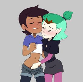 2021 2girls amity_blight ass breasts brown_hair canon_couple clothing crotch_rub dark-skinned_female dark_skin disney disney_channel dominican earrings female female_only fingering fingering_under_clothes fully_clothed green_hair hair hand_in_pants hexside_uniform hispanic horny_female human humanoid interracial_yuri latina light-skinned_female light_skin luz_noceda manual multiple_females multiple_girls outerwear pale_skin pleasure_face school_uniform short_green_hair standing straight_hair tagme the_owl_house thrumbo tights tunic uniform witch yuri