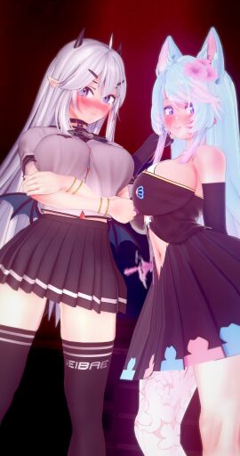 2girls 3d belly big_breasts blue_hair blush bracelet bracelets breasts clothing collar crossed_arms deluxe_rosie demon demon_girl demon_horns elbow_gloves embarrassed female female_only fingerless_gloves flower flower_in_hair fully_clothed gloves indie_virtual_youtuber long_hair looking_at_viewer looking_down miniskirt multicolored_hair pointy_ears silvervale skirt standing stomach succubus thighhighs thighs tight_clothing veibae virtual_youtuber white_hair wings wolf_ears wolf_girl