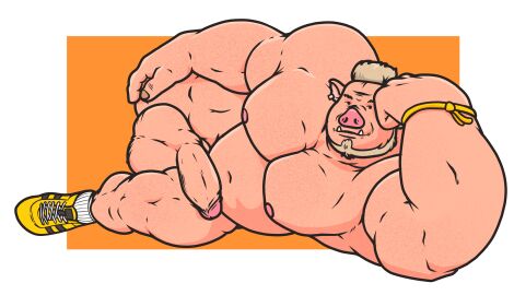 abstract_background absurd_res alpha_channel anthro balls beard big_balls blonde_hair bracelet chrm clothing domestic_pig facial_hair flaccid footwear footwear_only genitals hair hi_res jewelry looking_at_viewer lying male male_only mammal mostly_nude musclegut muscular on_side pecs penis pig pink_body pink_skin shoes shoes_only simple_background solo suid suina sus_(pig) transparent_background tusks