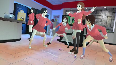 2girls 3d 3d_(artwork) 4futas 7-eleven azumanga_daiou banana big_balls black_hair brown_hair clothed cum cum_on_floor cumming cumshot dripping dripping_cum futanari group hands_on_hips hi_res huge_cock kagura_(azumanga_daiou) kaorin koyomi_mizuhara long_hair looking_at_another multiple_girls osaka_ayumu_kasuga penis radio sakaki school_uniform shocked shocked_expression short_hair skirt small_penis surprised surprised_expression tagme tan_body thumbs_up tomo_takino wink