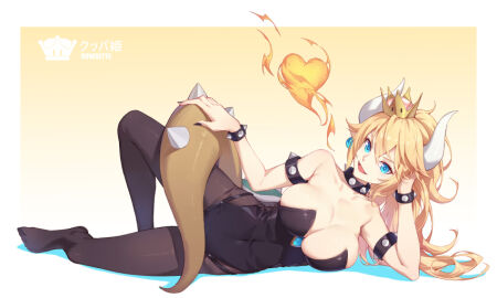 bare_shoulders black_pantyhose bowsette breasts female large_breasts looking_at_viewer lying_down lying_on_side mario_(series) new_super_mario_bros._u_deluxe pantyhose seductive smile smiling_at_viewer