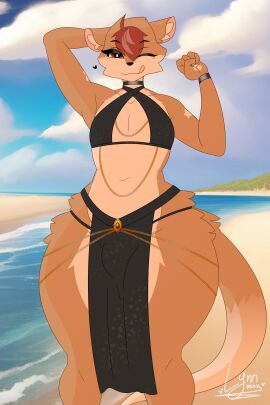 2020s 2024 2d 2d_(artwork) 5_fingers :p anthro anthro_only beach big_thighs black_clothing bottom_heavy brown_fur bulge bulge_through_clothing choker clothed clothing cloud clouds covered_nipples ear femboy fur furry furry_male furry_only hi_res highres hips jewelry loincloth looking_at_viewer lynn_(lynnminx) lynnminx male male_focus male_only mammal navel original original_character otter outdoors red_eyes red_hair sand short_hair slim_waist solo solo_focus solo_male tail thick_thighs thighs tongue tongue_out two-tone_fur water wide_hips wink winking_at_viewer