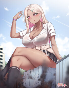2d artist_signature blonde_hair bracelet breasts city_destruction clothed_female color crossed_legs destruction djqn female giantess gyaru hair_clip handheld japanese_text large_breasts macro original original_character outside pink_highlights short_skirt sitting sitting_on_building size_difference skirt socks tanned_skin thick_thighs uniform