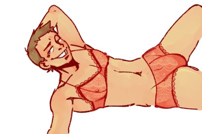 blonde_hair blue_eyes blush bra breasts brown_hair bulge bulge_through_clothing bulge_under_clothes crossdresser crossdressing feminine_male feminization laying_down lingerie lingerie_only male male_only panties red_team_(team_fortress_2) scout_(team_fortress_2) short_hair simple_background skimpy skinny skinny_male skinny_waist smile solo solo_focus solo_male spread_legs sweat team_fortress_2 teasing teeth teeth_showing young_male