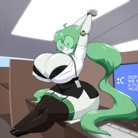1girls arms_up ass barely_contained barely_contained_breasts big_ass big_breasts bit_(zedrin) bra breasts busty cleavage clothing computer cubicle female female_only garter_straps glasses green_hair huge_breasts indoors keyboard large_breasts legwear name_tag office_lady original png robot robot_girl shirt shoes sitting sitting_on_desk skirt smile smug solo thick_thighs wide_hips zedrin