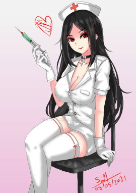 1girls black_hair breasts choker female gloves holding_syringe large_breasts long_hair looking_at_viewer needle nurse nurse_cap nurse_uniform original red_eyes sitting_on_stool stool susatien syringe thighhighs