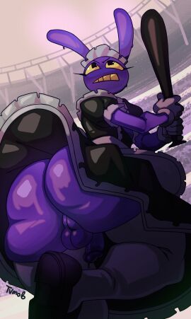 2025 absurd_res anthro ass backsack balls ballsack baseball_bat bat_(object) big_ass big_butt black_clothing black_footwear black_shoes circumcised clothing english_description eyeliner footwear fur genitals glitch_productions gloves handwear hi_res holding_bat humanoid_genitalia humanoid_penis jax_(tadc) jax_(the_amazing_digital_circus) lagomorph legwear leporid long_ears maid_jax_(the_amazing_digital_circus) maid_uniform makeup male male_only mammal penis purple_body purple_fur rabbit rumbling_stomach solo solo_male the_amazing_digital_circus tvmob uniform white_clothing white_gloves white_handwear white_legwear