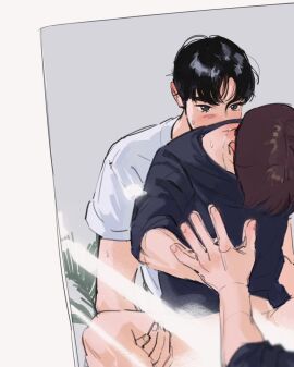 2boys black_eyes black_hair black_shirt blush brown_hair carrying carrying_person censored commentary_request hand_on_mirror haotmeal highres jewelry k-pop korean_commentary light_censor looking_at_reflection male male_focus mirror multiple_boys multiple_males necklace no_visible_genitalia real_life reflection sex shirt short_hair short_sleeves skinny sung_han-bin sweat white_background white_shirt yaoi zerobaseone zhang_hao