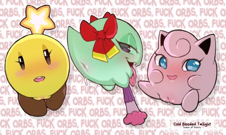 bedroom_eyes black_eyes blue_eyes blush blush_lines bodily_fluids body_blush boo_(mario) bow_ribbon cold-blooded-twilight english_text eyelashes female folding_fan generation_1_pokemon genital_fluids genitals ghost ghost_tail glistening glistening_genitalia glistening_pussy green_body green_pussy group heart-shaped_pupils heart_eyes heart_symbol jigglypuff lady_bow looking_aside looking_at_viewer looking_back mario_(series) mario_and_luigi_(series) narrowed_eyes nintendo open_mouth orb paper_mario pink_blush pink_body pink_inner_pussy pink_pussy pink_tongue pokemon pokemon_(species) profanity pussy pussy_blush saliva saliva_on_tongue seductive sharp_teeth sphere_creature spirit star_sprite starlow teeth text tongue tongue_out trio vaginal_fluids waddling_head yellow_body yellow_pussy