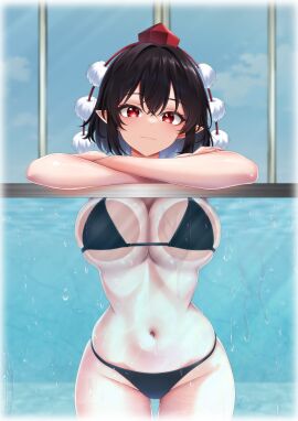 absurdres against_fourth_wall against_glass bikini black_bikini black_hair breast_press breasts breasts_on_glass closed_mouth cowboy_shot crossed_arms curvy female hat highres large_breasts leo23 looking_at_viewer navel pointy_ears pom_pom_(clothes) pool red_eyes red_hat ribs shameimaru_aya short_hair solo stomach swimsuit thick_thighs thighs tokin_hat touhou water