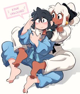 2girls barefoot black_hair black_toenails dark-skinned_female dark_skin earrings feet female fully_clothed hair_bow head_lock heart-shaped_pupils karate_gi kink_unlocked lucia_(scott_malin) mia_(scott_malin) original original_character painted_toenails scott_malin tagme white_background white_toenails wrestling