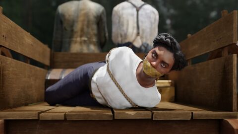 1girls 3d arms_behind_back bondage bound bound_arms bound_legs clothed_bondage damsel_in_distress dark_hair dark_skin female femsub fully_clothed gag gagged helpless kidnapped looking_at_viewer lying_on_stomach old_west on_side otm_gag red_dead_redemption_(series) red_dead_redemption_2 restrained rindekey rope rope_bondage slave slave_girl slave_raid solo tied_up tilly_jackson video_games western wild_west