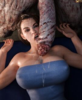 1boy 1girls 3d artist_name breasts brown_hair cleavage cum cum_on_breasts cum_on_face female huge_cock jill_valentine jill_valentine_(sasha_zotova) large_breasts light-skinned_female light_skin male monster nemesis_(resident_evil) penetration penis resident_evil resident_evil_3 resident_evil_3_remake smitty34 straight tubetop unseen_male_face